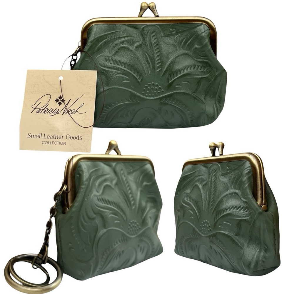 Patricia Nash Womens Tooled Leather Coin Purse Kiss Lock Sage Light Green